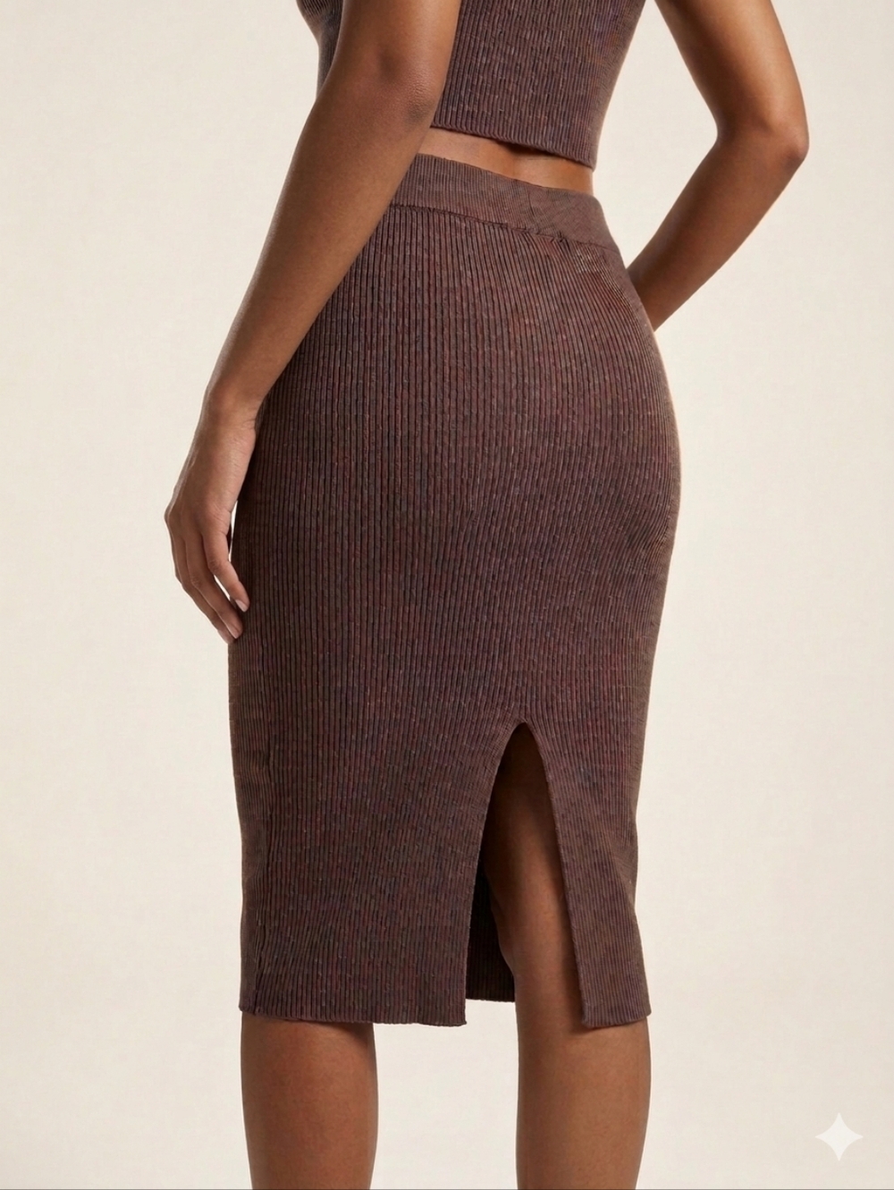 Bershka Brown Ribbed Knit Midi Skirt with Back Slit Viscose Linen M Minimalist